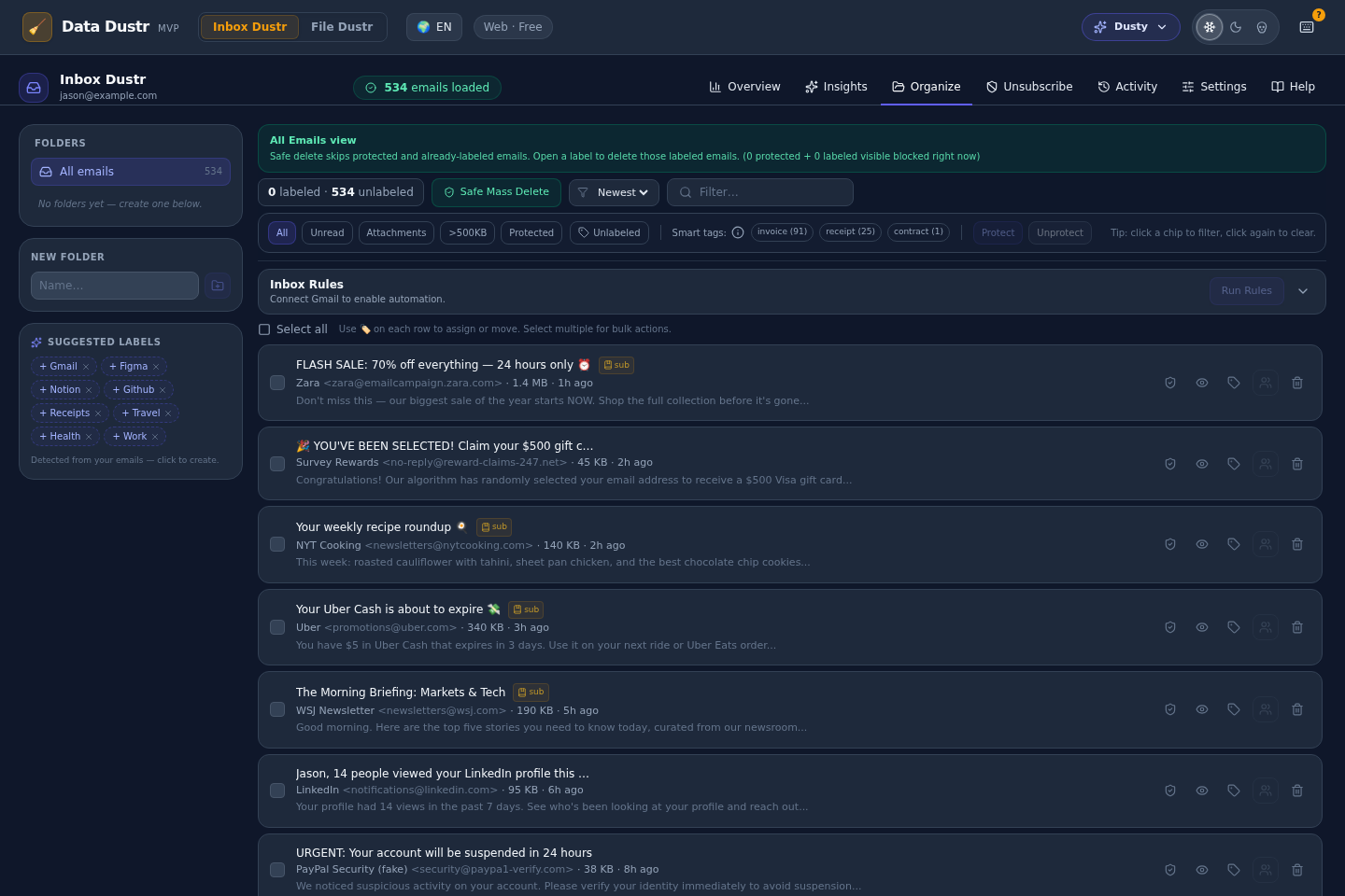 Organize: suggested labels, filters, and safe deletion